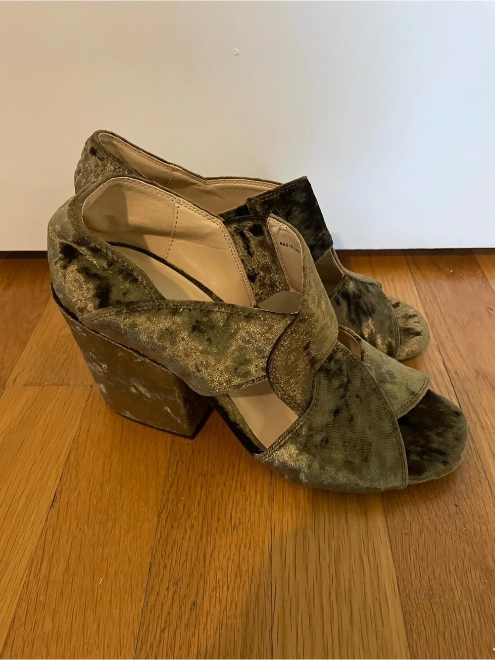 CAbi Olive Green Velvet Peep-Toe Heels